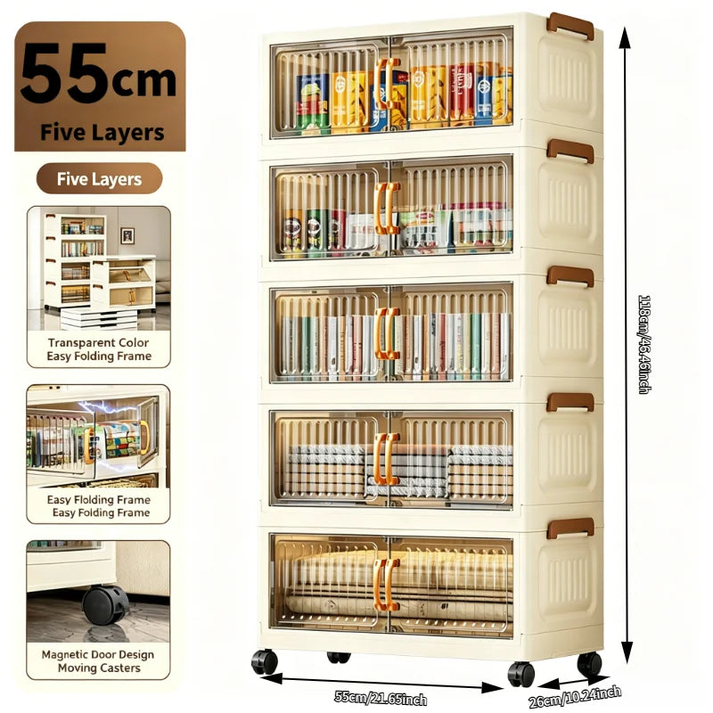 5-Tier Foldable Rolling Plastic Storage Cabinet With Transparent Double Doors