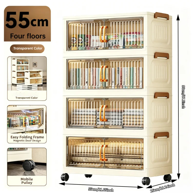 5-Tier Foldable Rolling Plastic Storage Cabinet With Transparent Double Doors