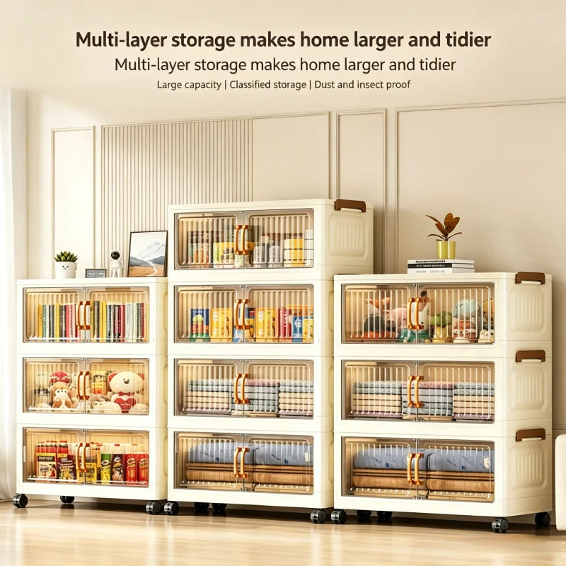 5-Tier Foldable Rolling Plastic Storage Cabinet With Transparent Double Doors