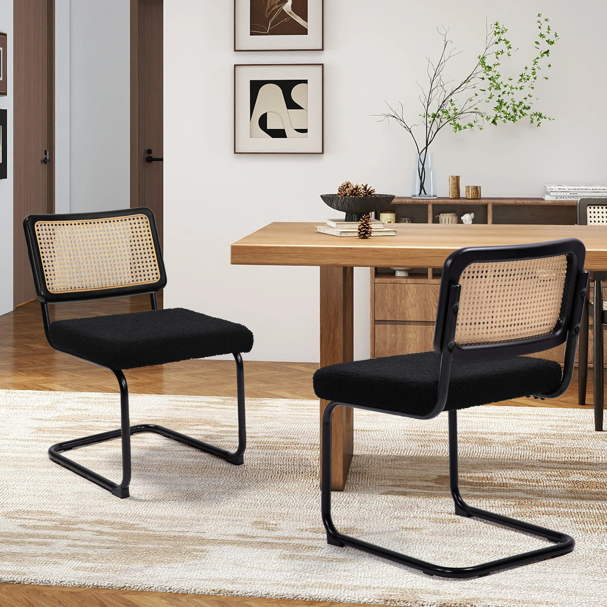 Cesca Style Cantilever Dining Chairs With Rattan Back Boucle Seat