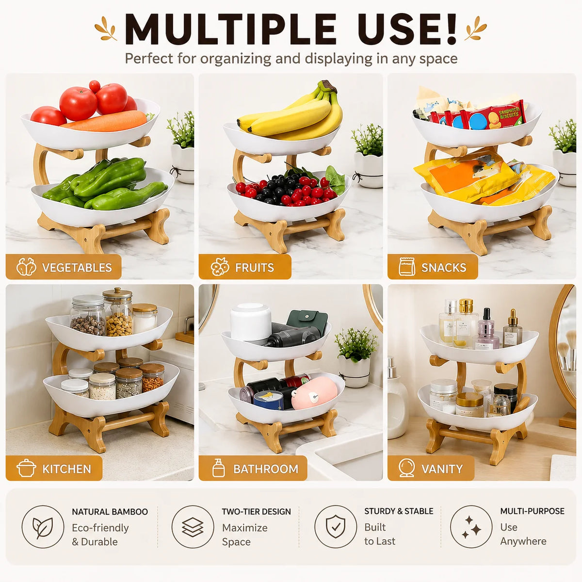 Multi Tier Plastic Fruit Display Bowl With Bamboo Stand