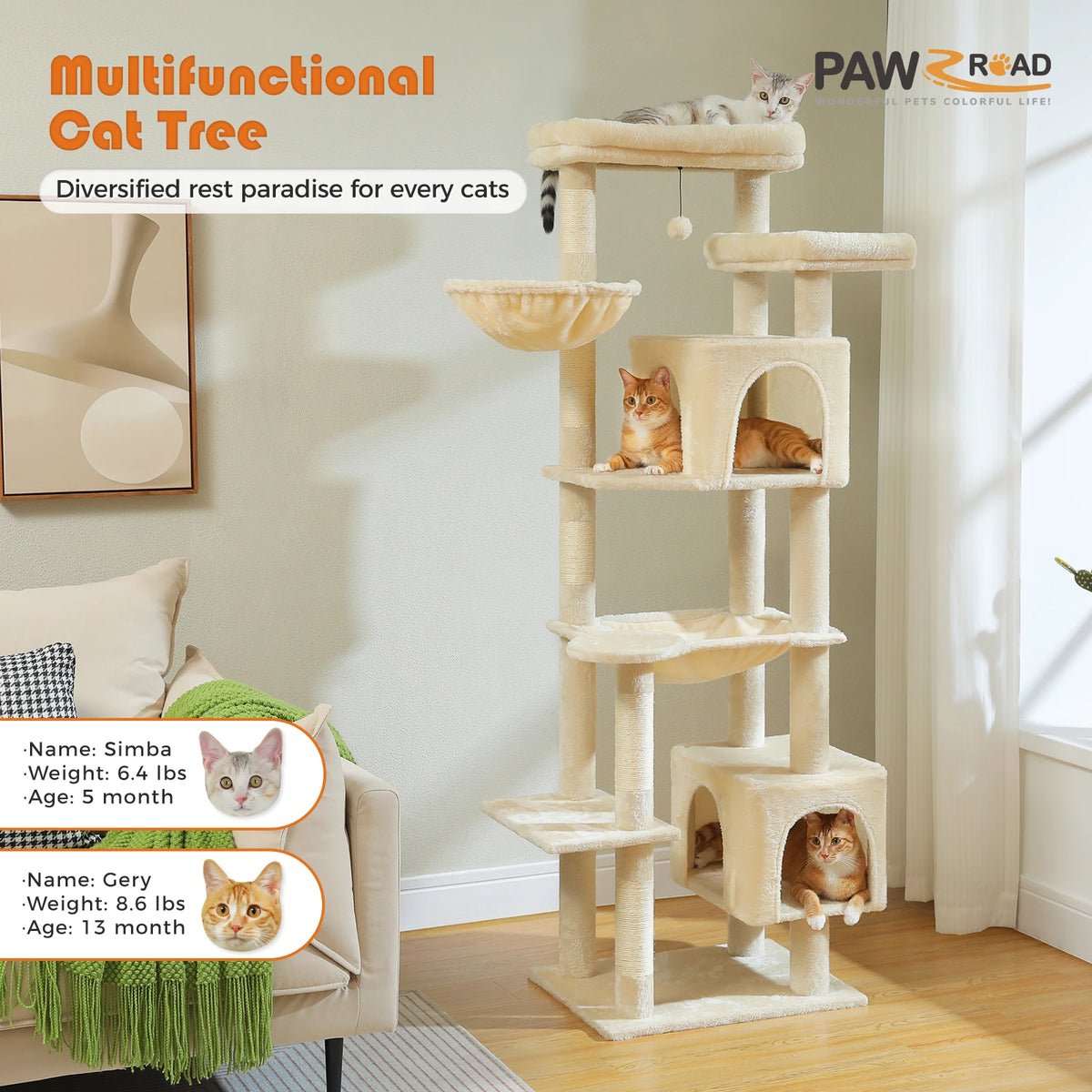 PAWZ Road Tall Cat Tower With Hammock And Scratching Posts