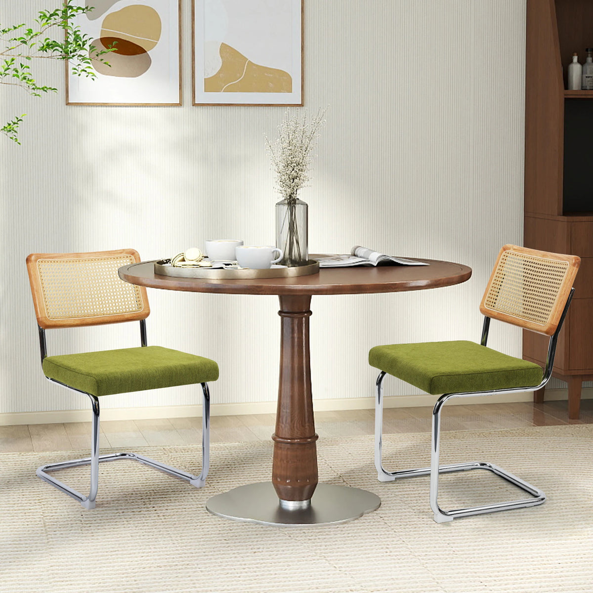 Cesca Style Cantilever Dining Chairs With Rattan Back Boucle Seat