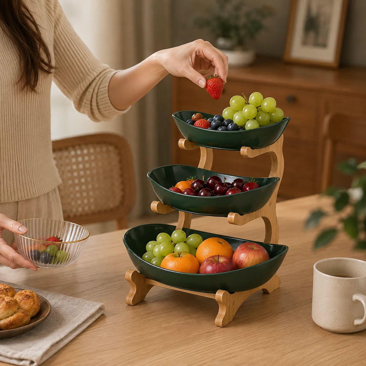 Multi Tier Plastic Fruit Display Bowl With Bamboo Stand