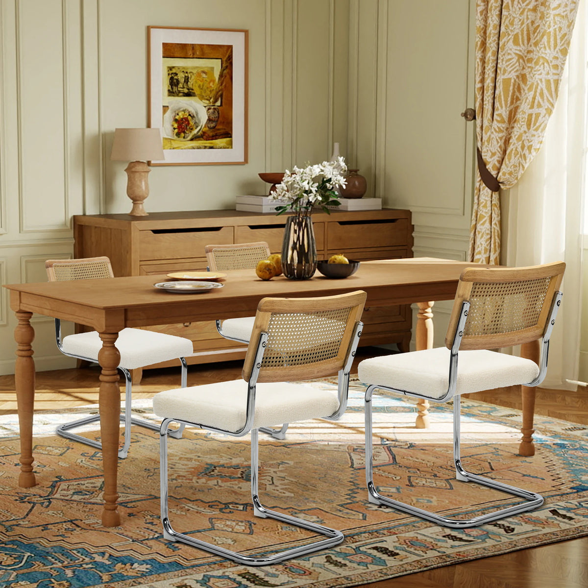 Cesca Style Cantilever Dining Chairs With Rattan Back Boucle Seat