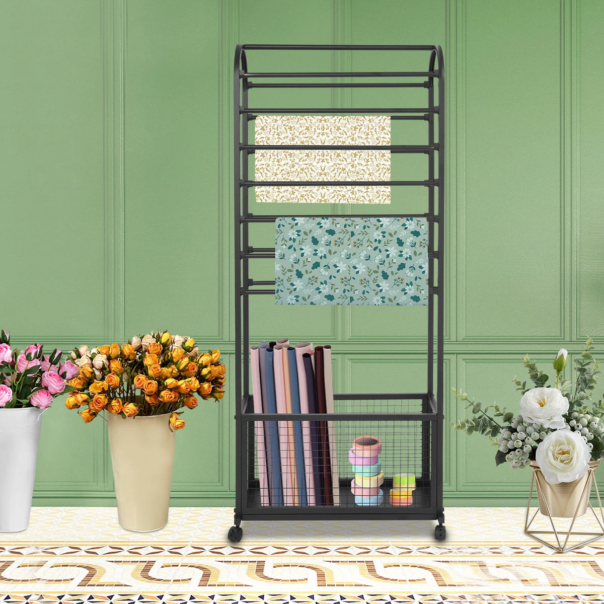 Iron Rolling Ribbon Holder Organizer Rack With Storage Basket