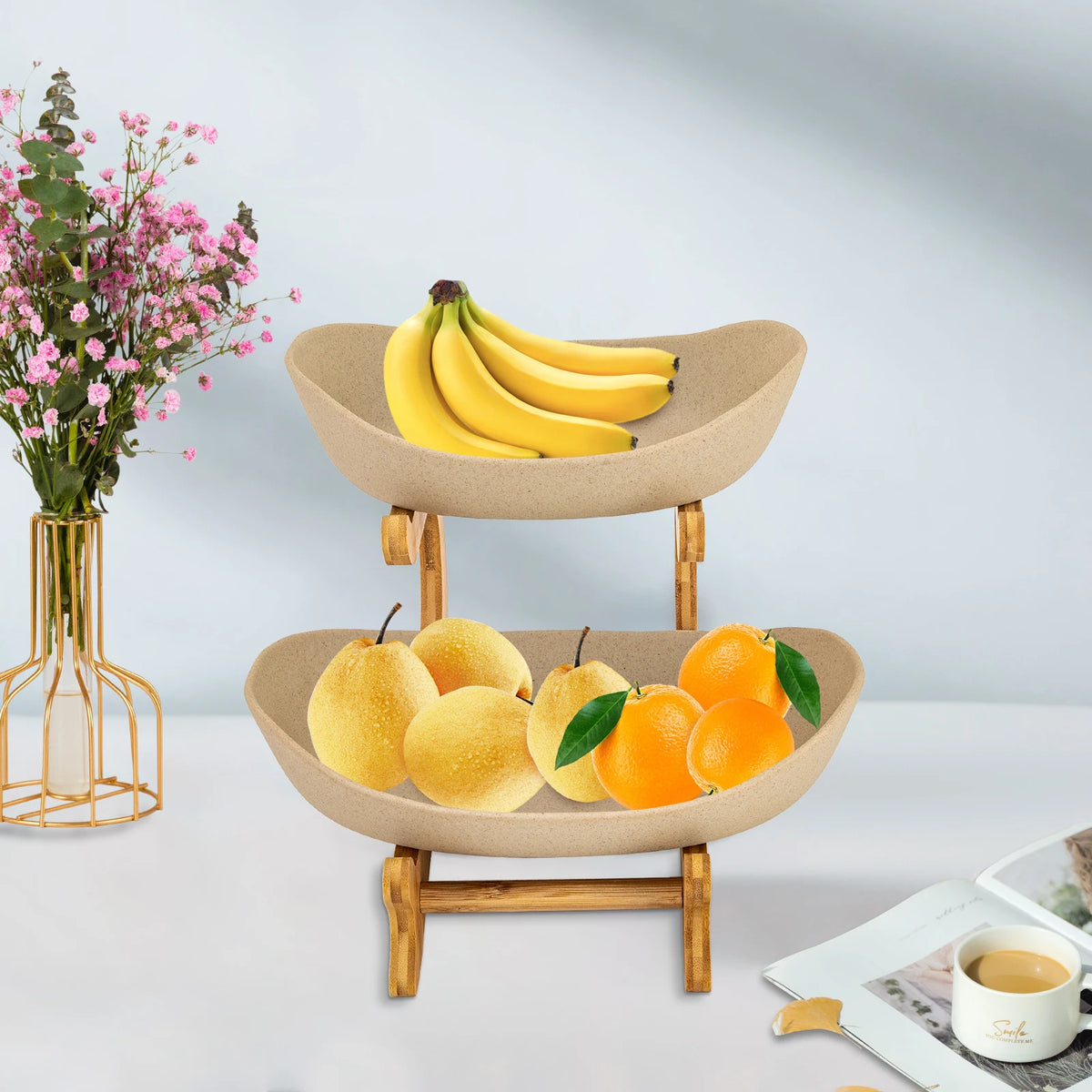 Bamboo Two Tier Ceramic Fruit Bowl Wooden Serving Tray
