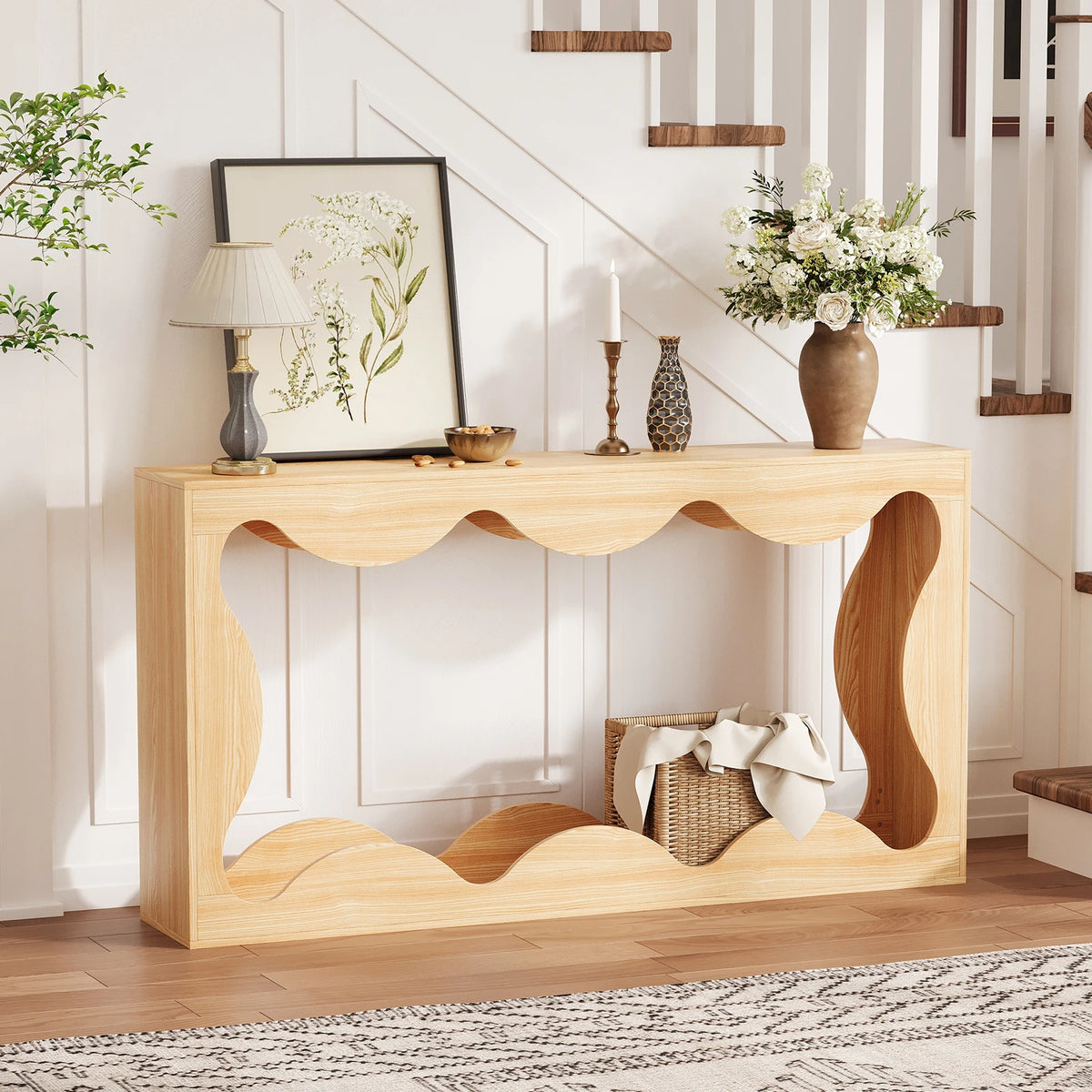 Farmhouse Wood Console Table With Scalloped Edge And Storage Shelf