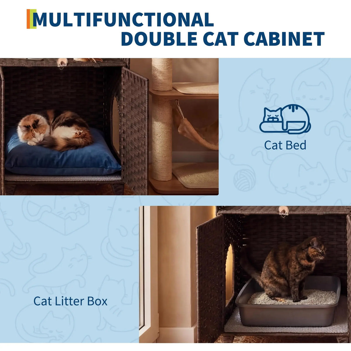 HiMISS Rattan Cat Litter Box Enclosure Cabinet With Double Doors