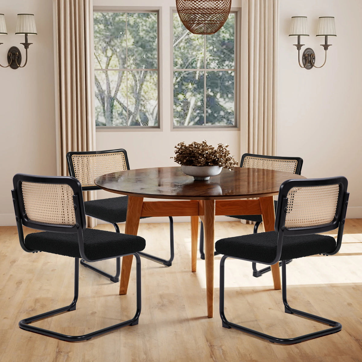 Cesca Style Cantilever Dining Chairs With Rattan Back Boucle Seat