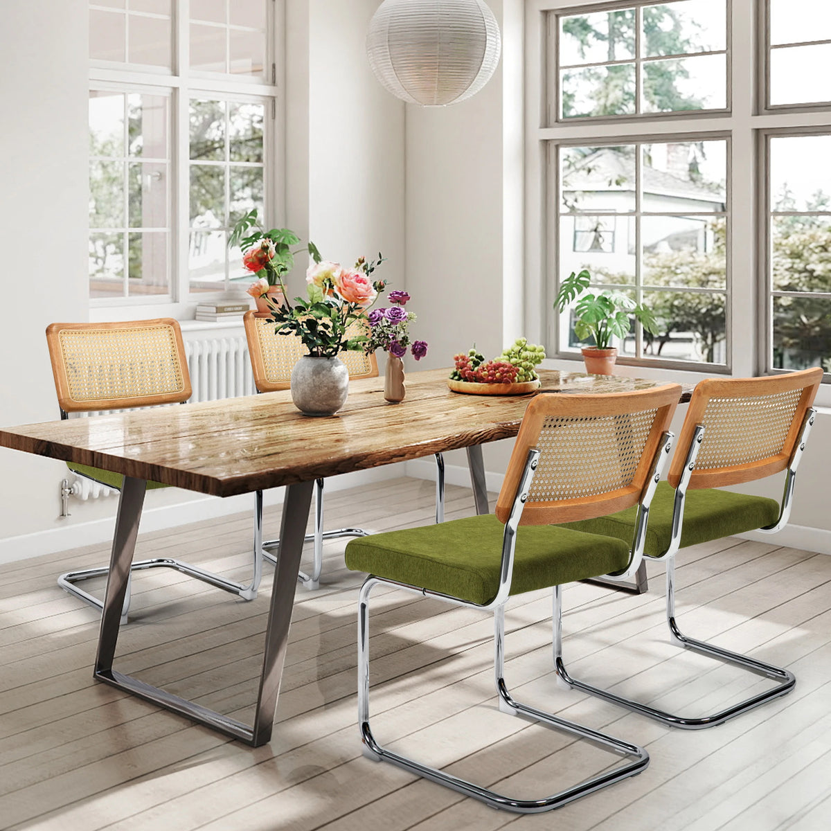 Cesca Style Cantilever Dining Chairs With Rattan Back Boucle Seat