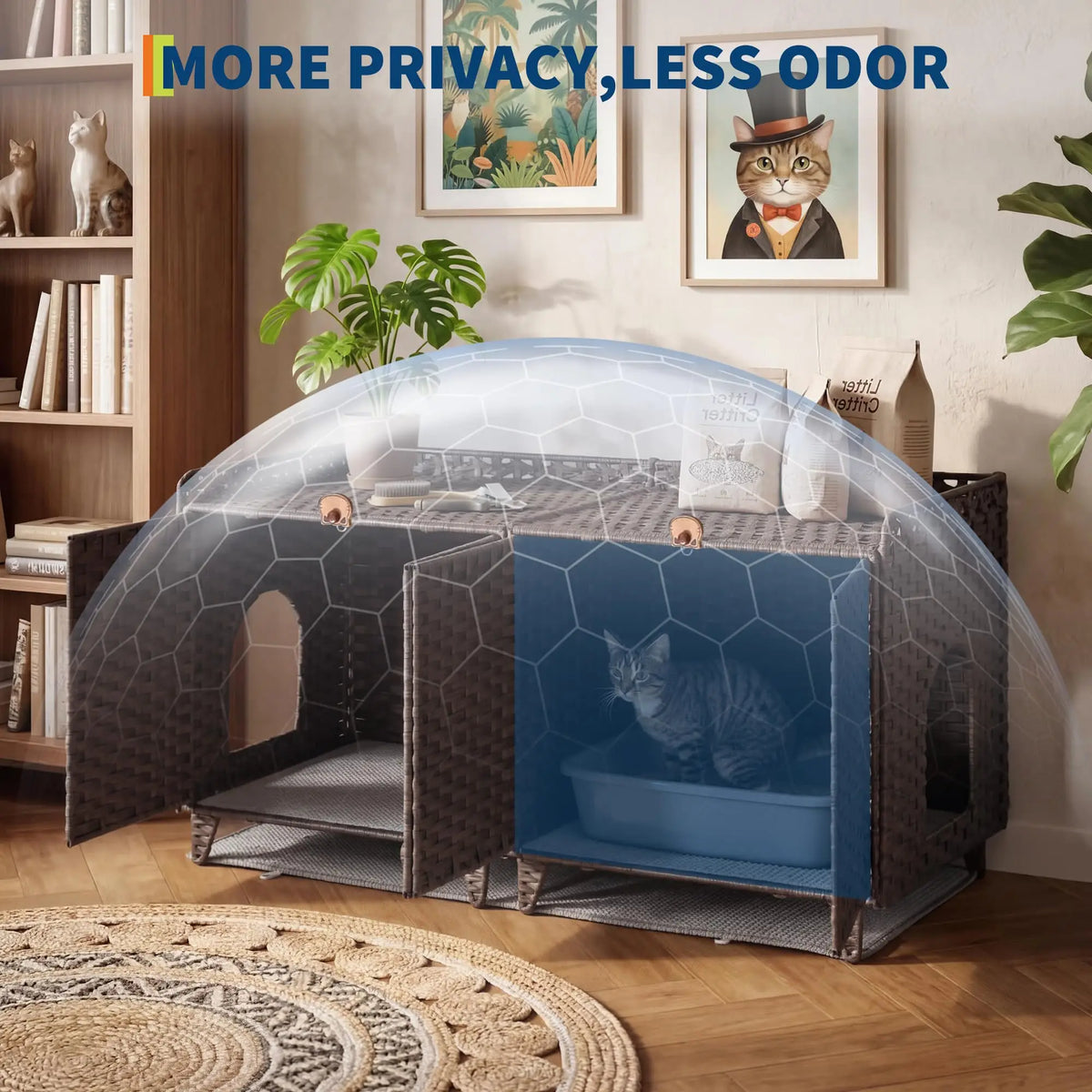 HiMISS Rattan Cat Litter Box Enclosure Cabinet With Double Doors