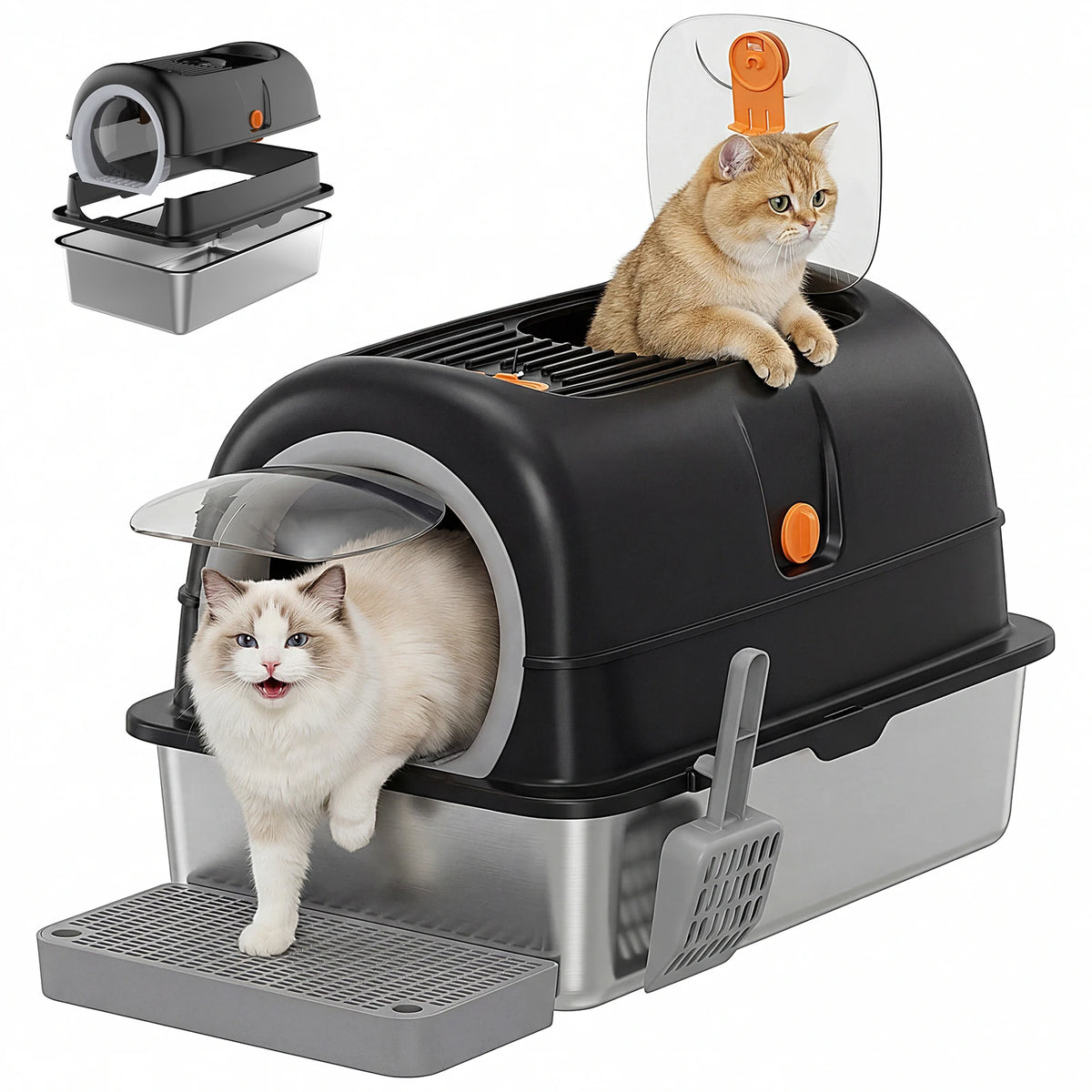 Stainless Steel Fully Enclosed Cat Litter Box With Scoop And Mat