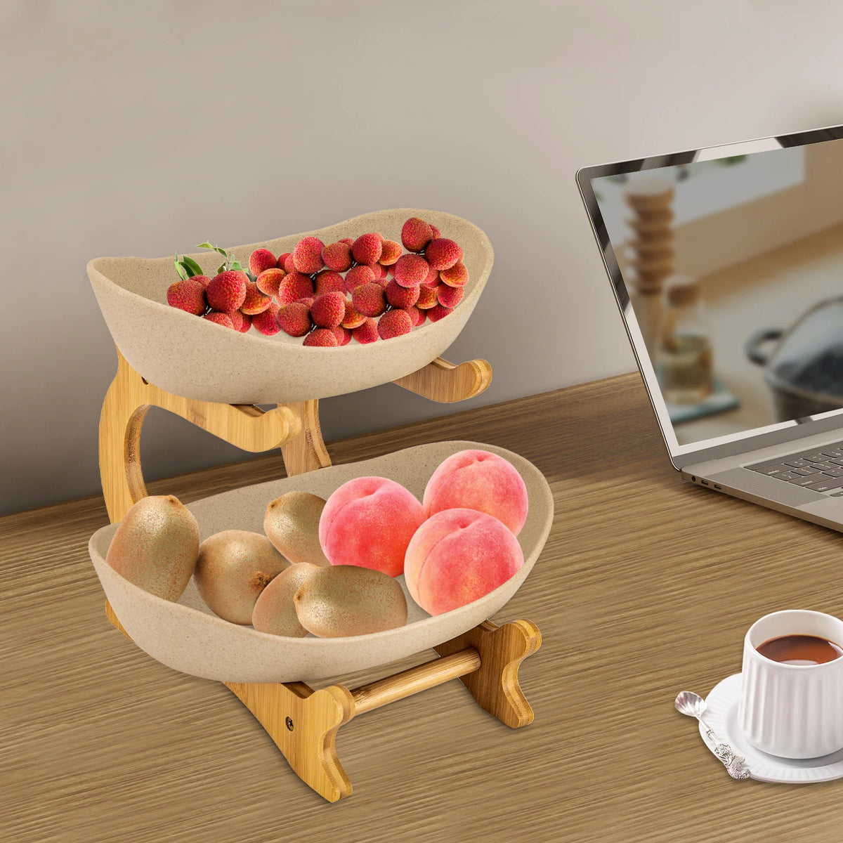 Bamboo Two Tier Ceramic Fruit Bowl Wooden Serving Tray