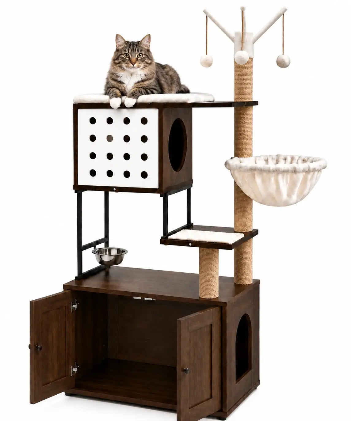 Multi Tier Cat Tree With Concealed Litter Box Cabinet Enclosure