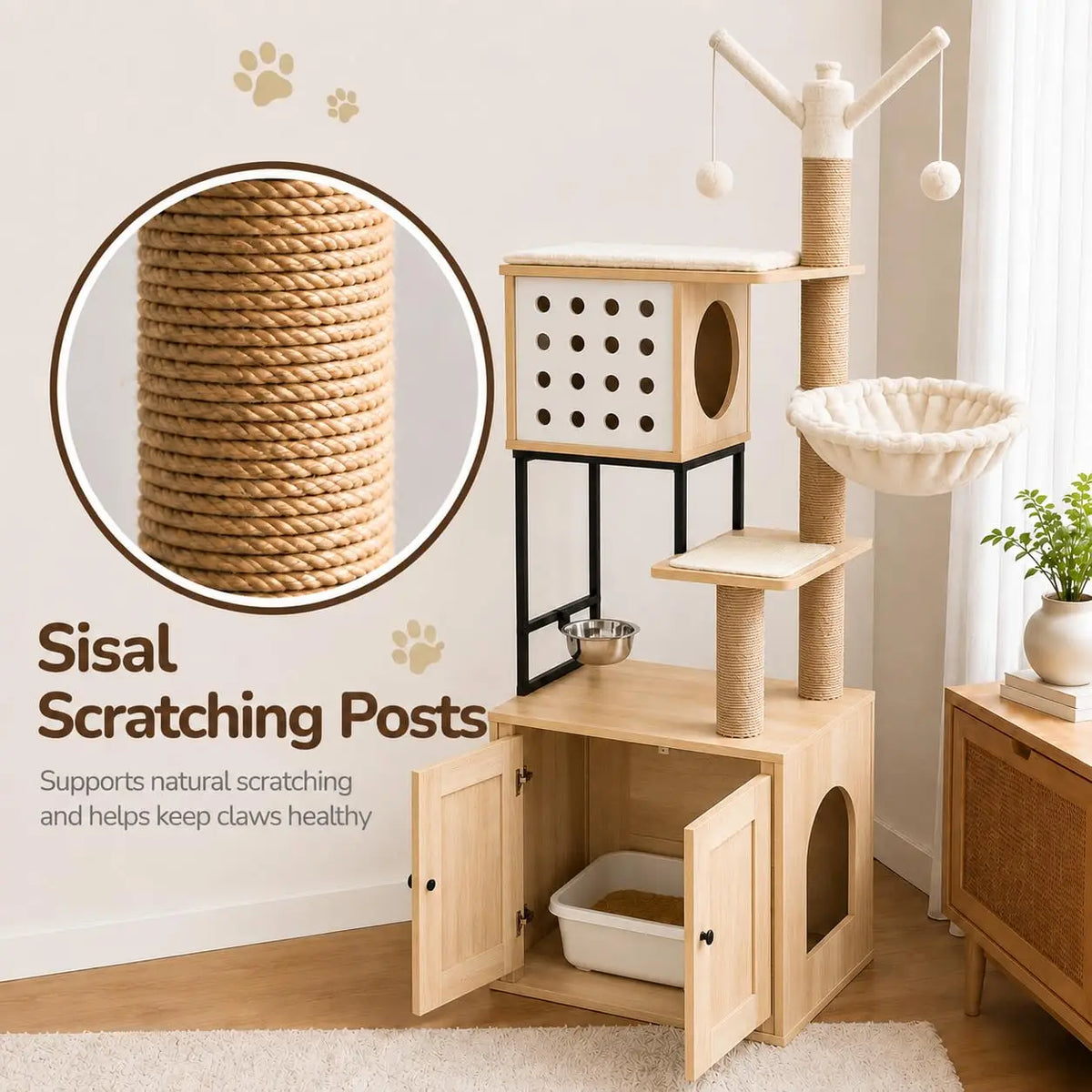 Multi Tier Cat Tree With Concealed Litter Box Cabinet Enclosure