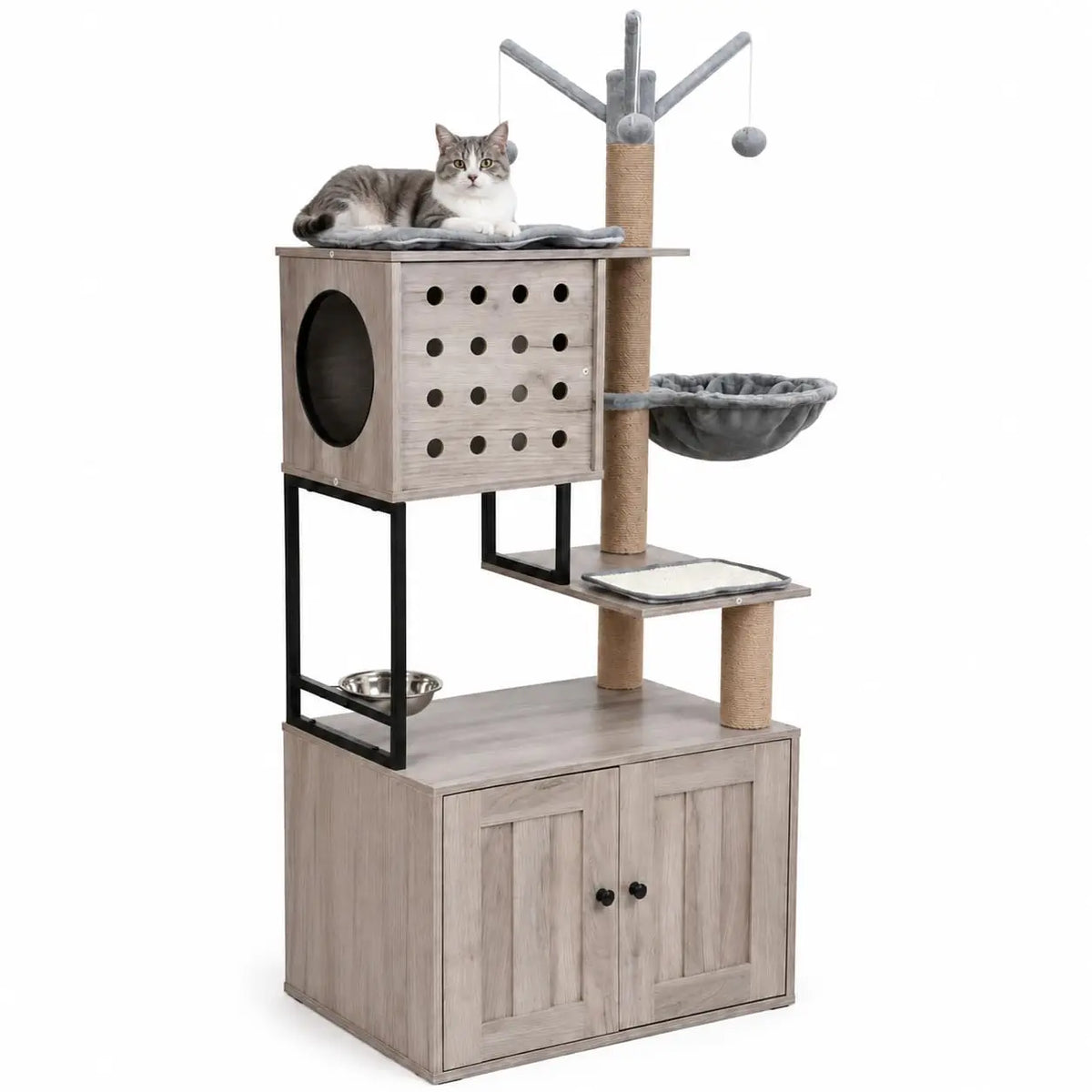 Multi Tier Cat Tree With Concealed Litter Box Cabinet Enclosure