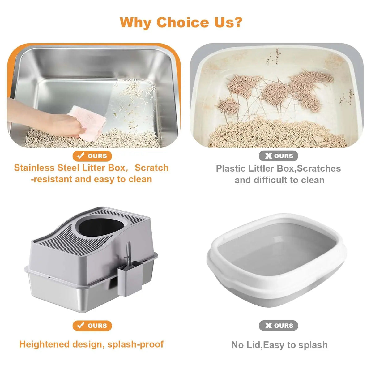 EliteZ Enclosed Stainless Steel Cat Litter Box With Lid