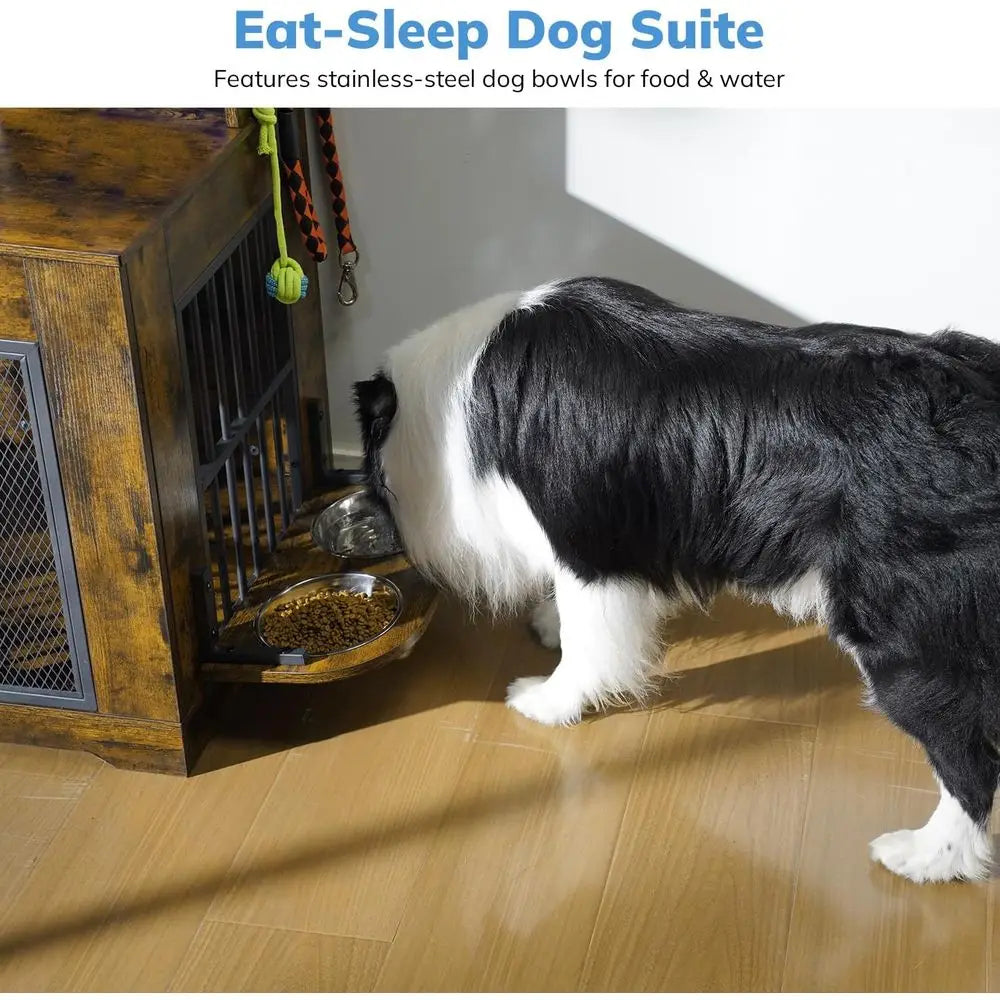 Indoor Dog Crate Furniture With Storage Shelf And Stainless Bowls