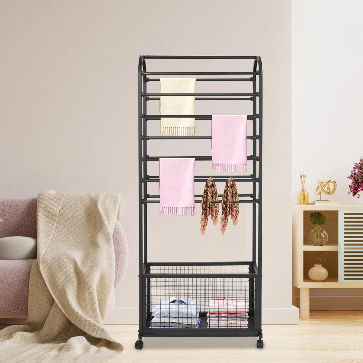 Iron Rolling Ribbon Holder Organizer Rack With Storage Basket