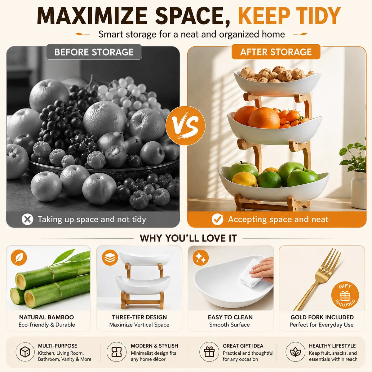 Multi Tier Plastic Fruit Display Bowl With Bamboo Stand