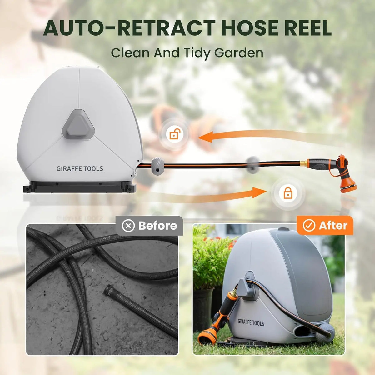 Giraffe Tools Retractable Garden Hose Reel With Automatic Rewind Function
