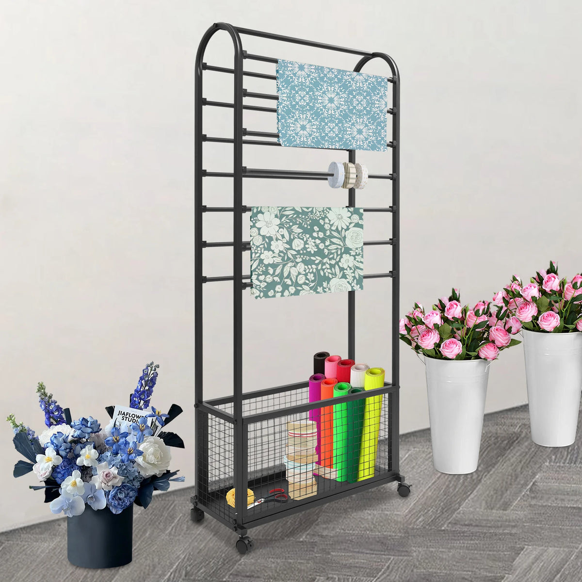 Iron Rolling Ribbon Holder Organizer Rack With Storage Basket