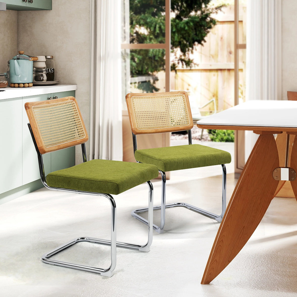 Cesca Style Cantilever Dining Chairs With Rattan Back Boucle Seat