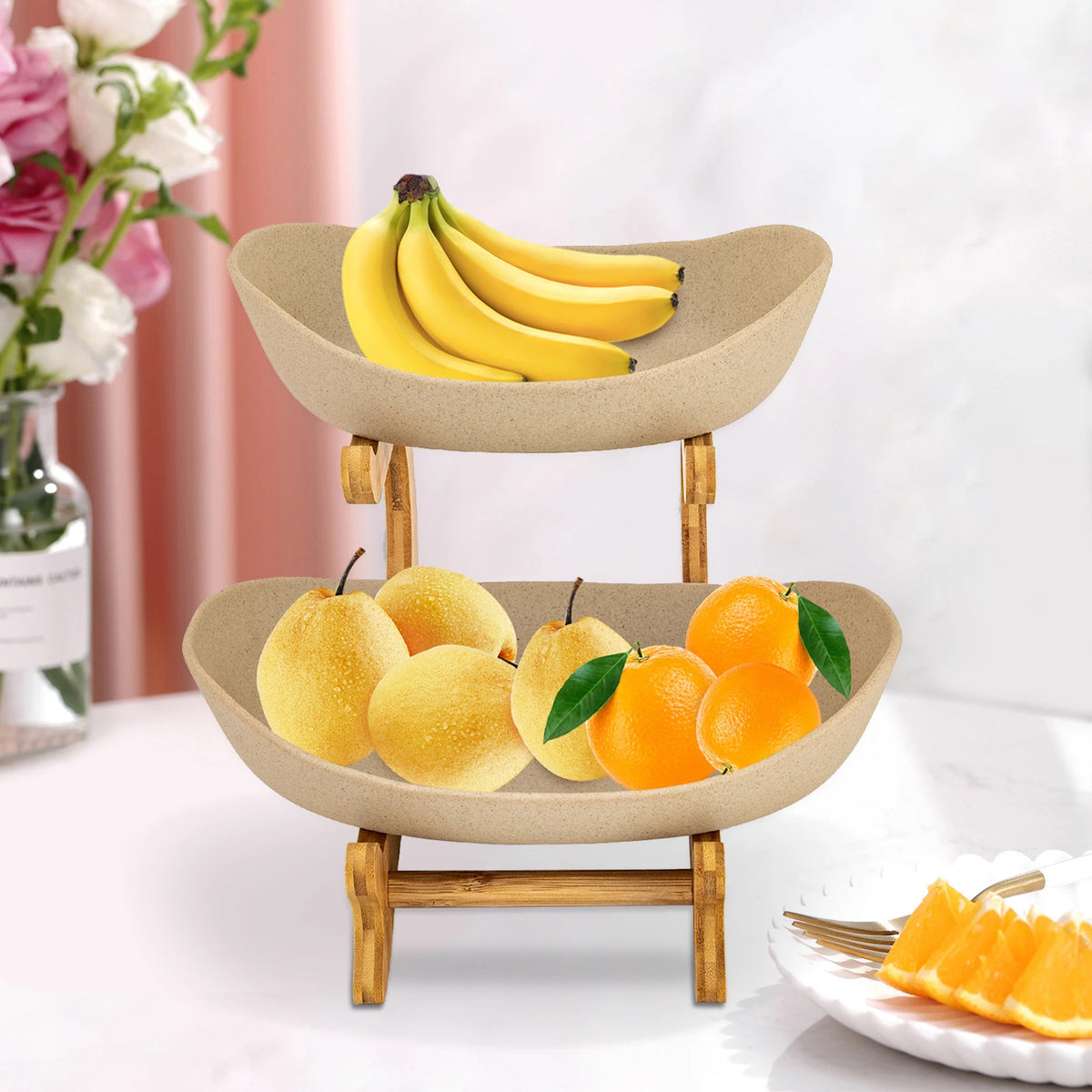 Bamboo Two Tier Ceramic Fruit Bowl Wooden Serving Tray