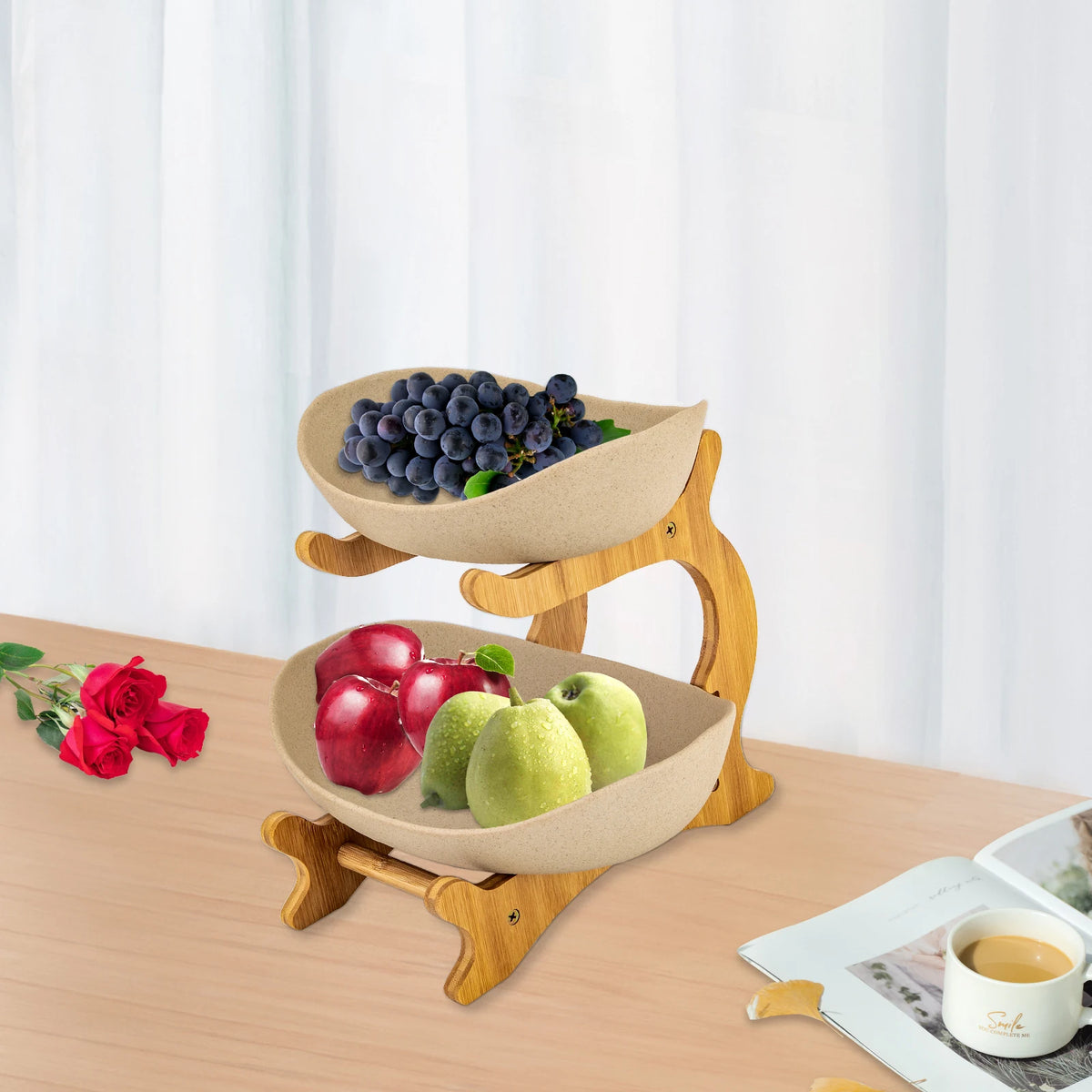 Bamboo Two Tier Ceramic Fruit Bowl Wooden Serving Tray