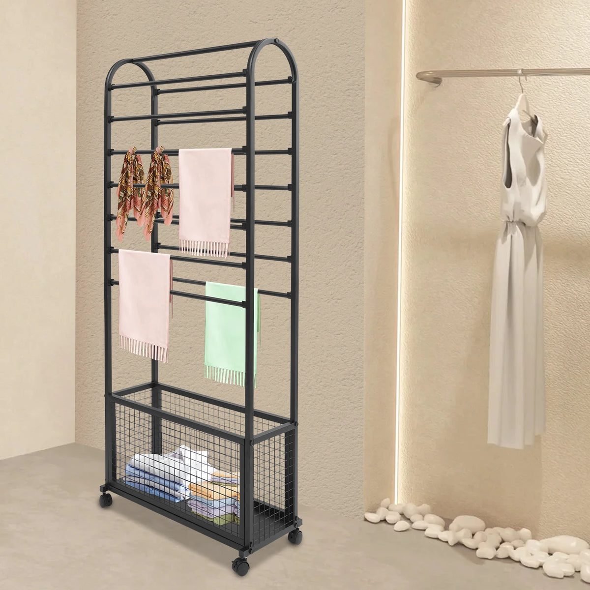 Iron Rolling Ribbon Holder Organizer Rack With Storage Basket