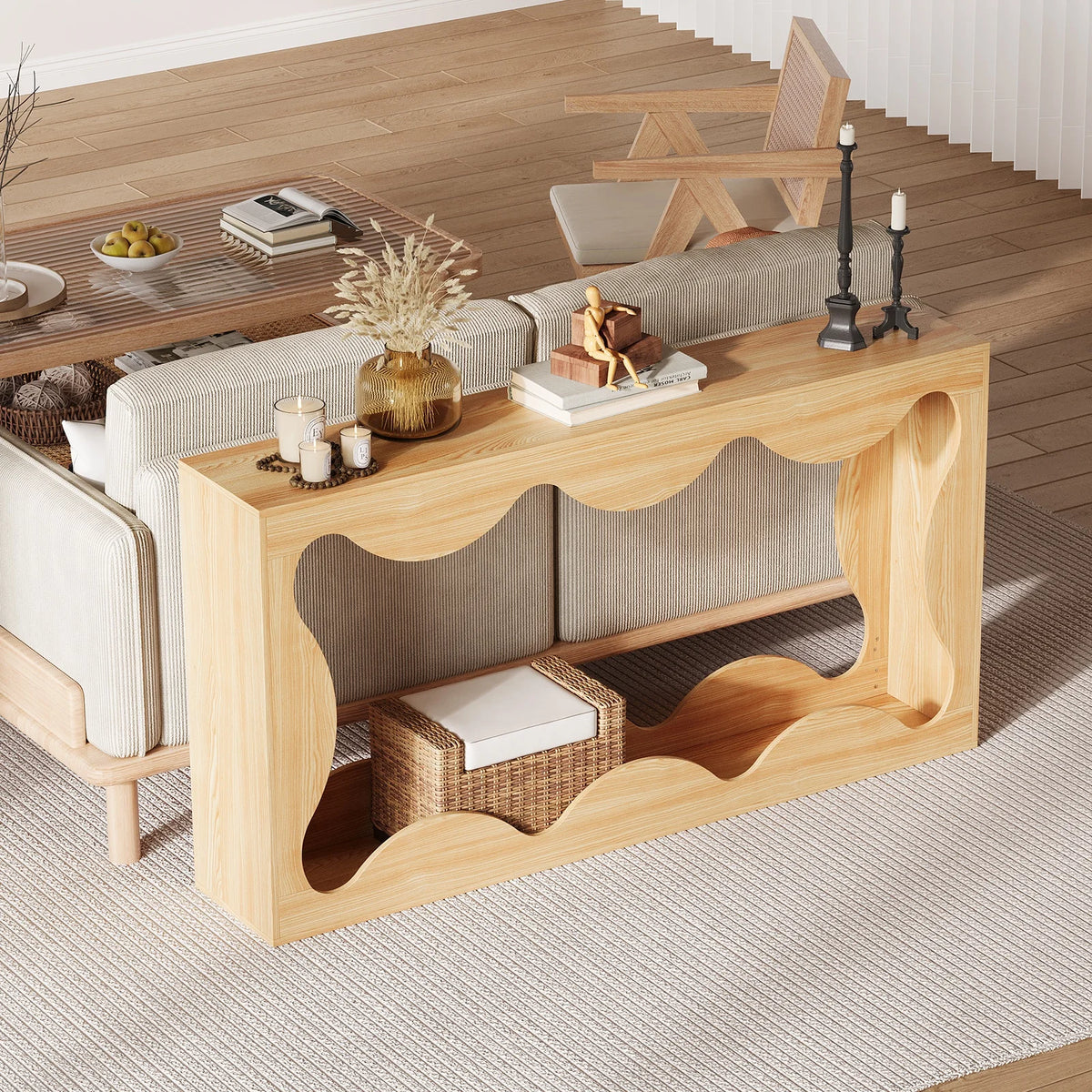 Farmhouse Wood Console Table With Scalloped Edge And Storage Shelf