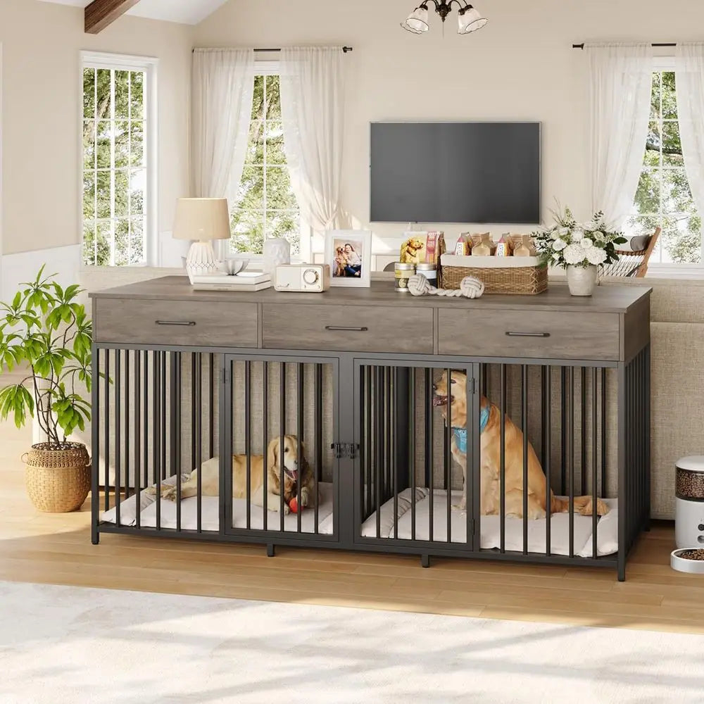 Furniture Style Double Dog Crate With Integrated Side Table