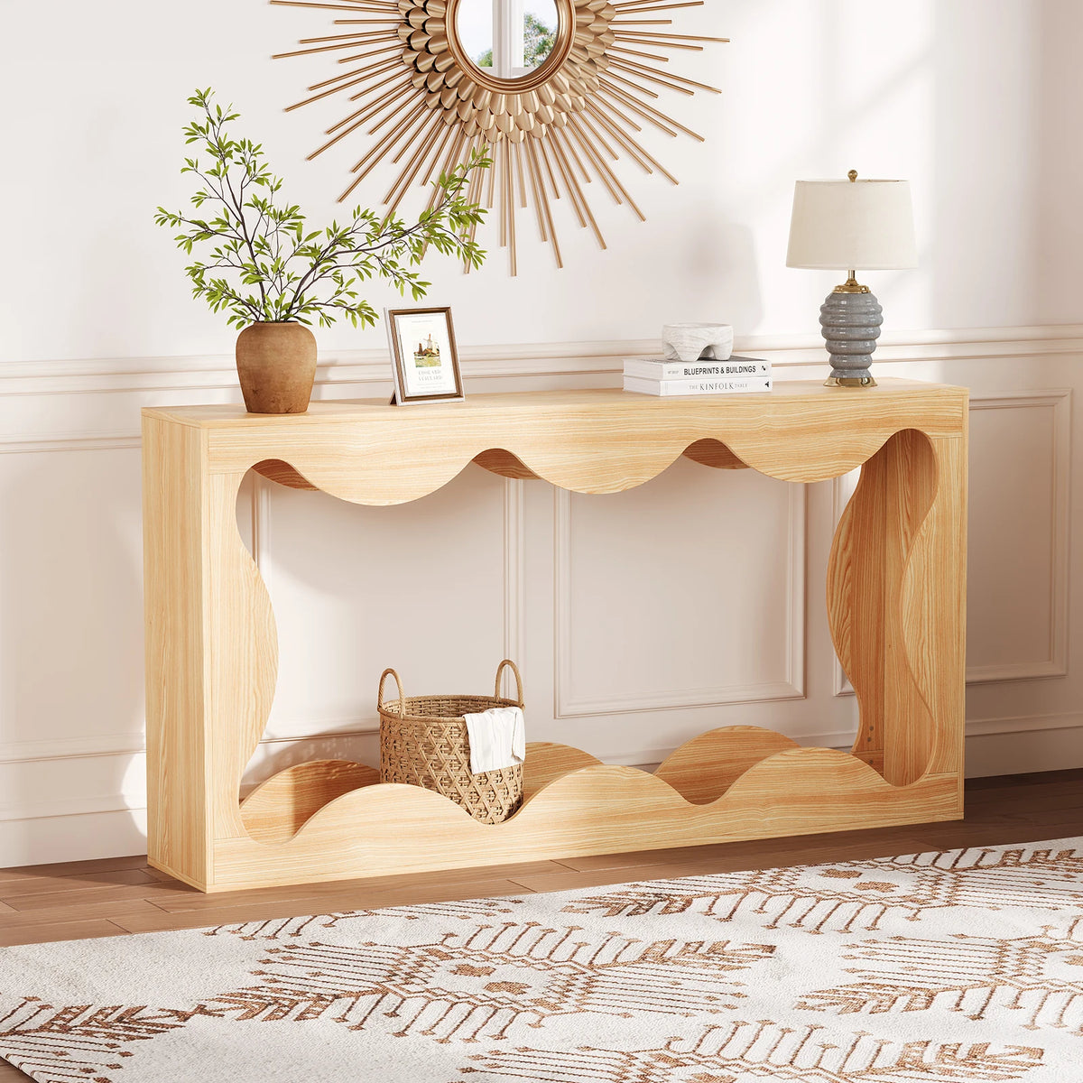 Farmhouse Wood Console Table With Scalloped Edge And Storage Shelf