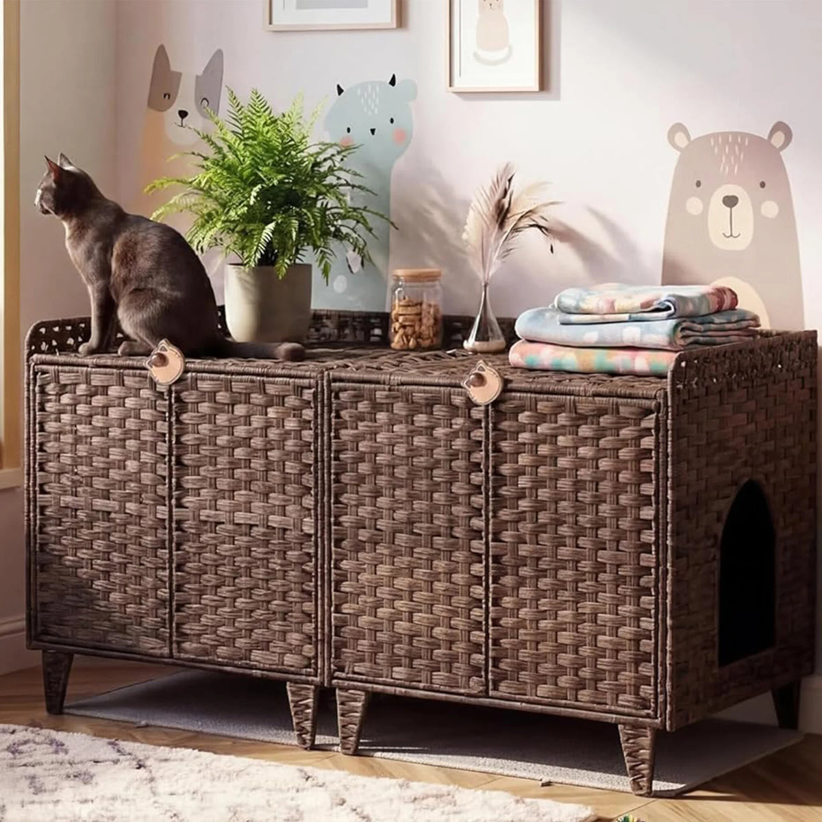 HiMISS Rattan Cat Litter Box Enclosure Cabinet With Double Doors