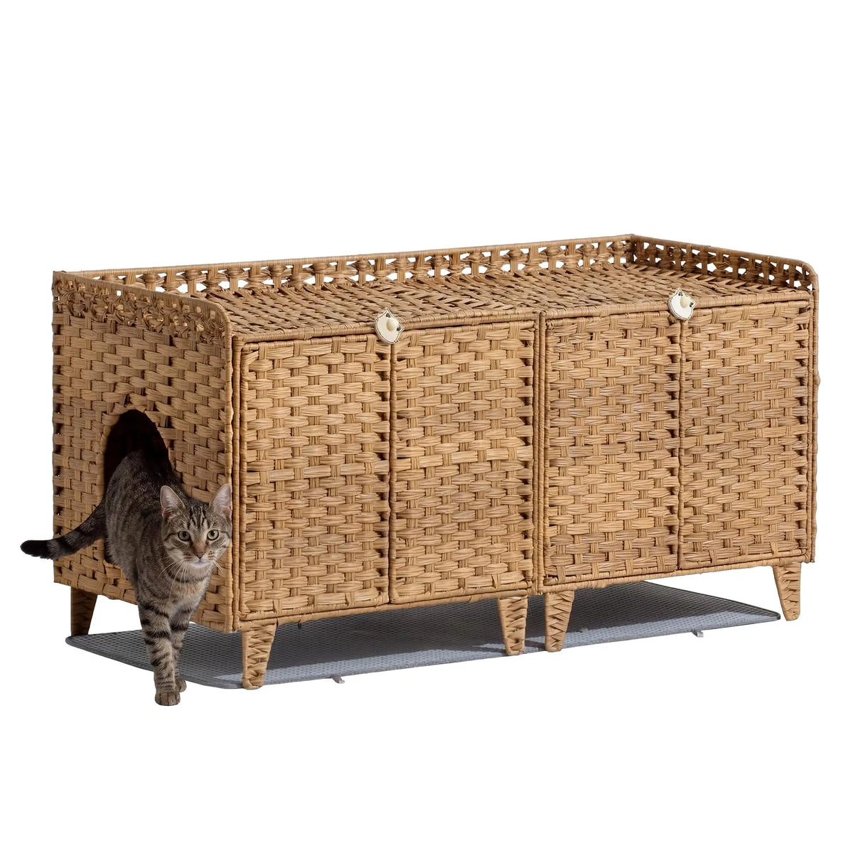 HiMISS Rattan Cat Litter Box Enclosure Cabinet With Double Doors