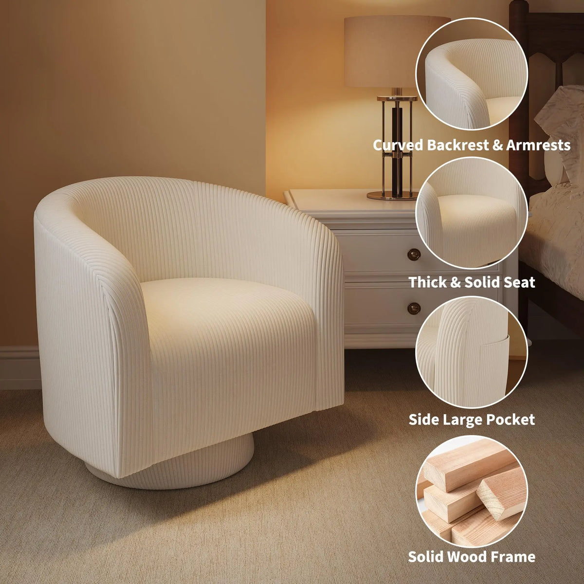 Outwind Modern Swivel Accent Chair With Vertical Striped Corduroy
