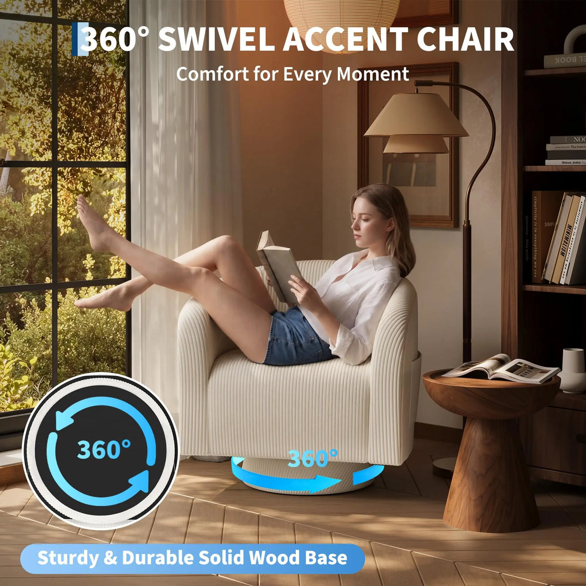Outwind Modern Swivel Accent Chair With Vertical Striped Corduroy