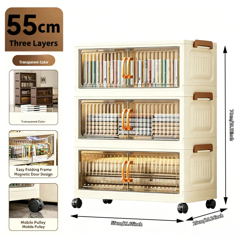 5-Tier Foldable Rolling Plastic Storage Cabinet With Transparent Double Doors