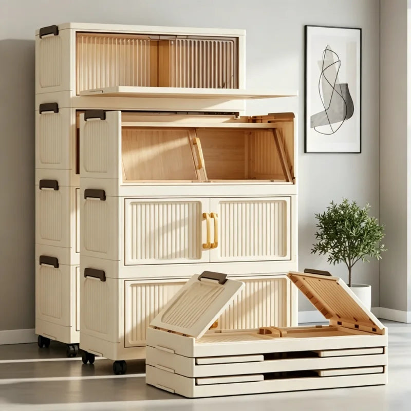 5-Tier Foldable Rolling Plastic Storage Cabinet With Transparent Double Doors