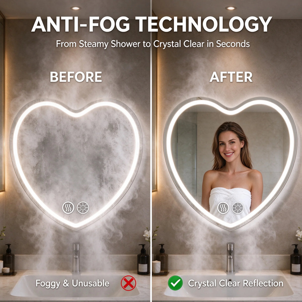 Heart Shaped LED Wall Makeup Mirror Featuring Auto Defog