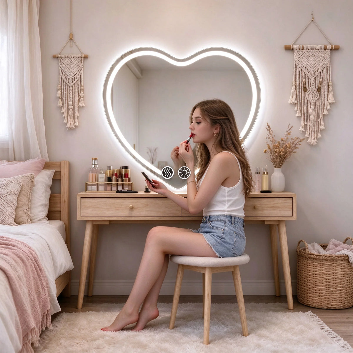 Heart Shaped LED Wall Makeup Mirror Featuring Auto Defog