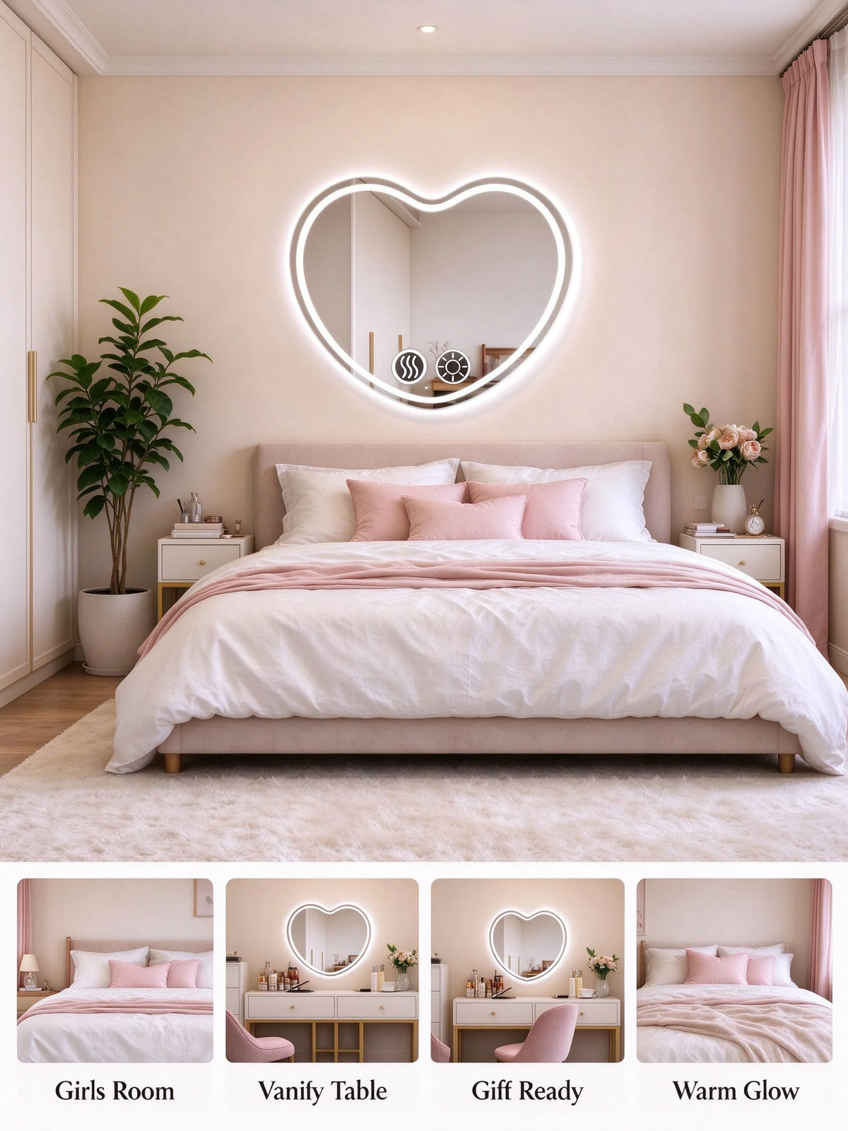 Heart Shaped LED Wall Makeup Mirror Featuring Auto Defog