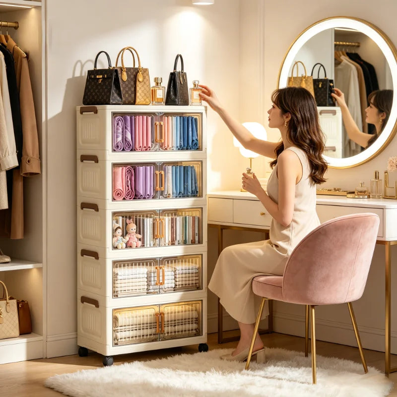 5-Tier Foldable Rolling Plastic Storage Cabinet With Transparent Double Doors