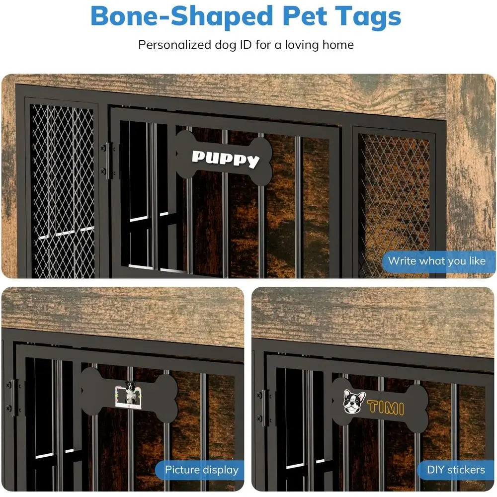 Indoor Dog Crate Furniture With Storage Shelf And Stainless Bowls
