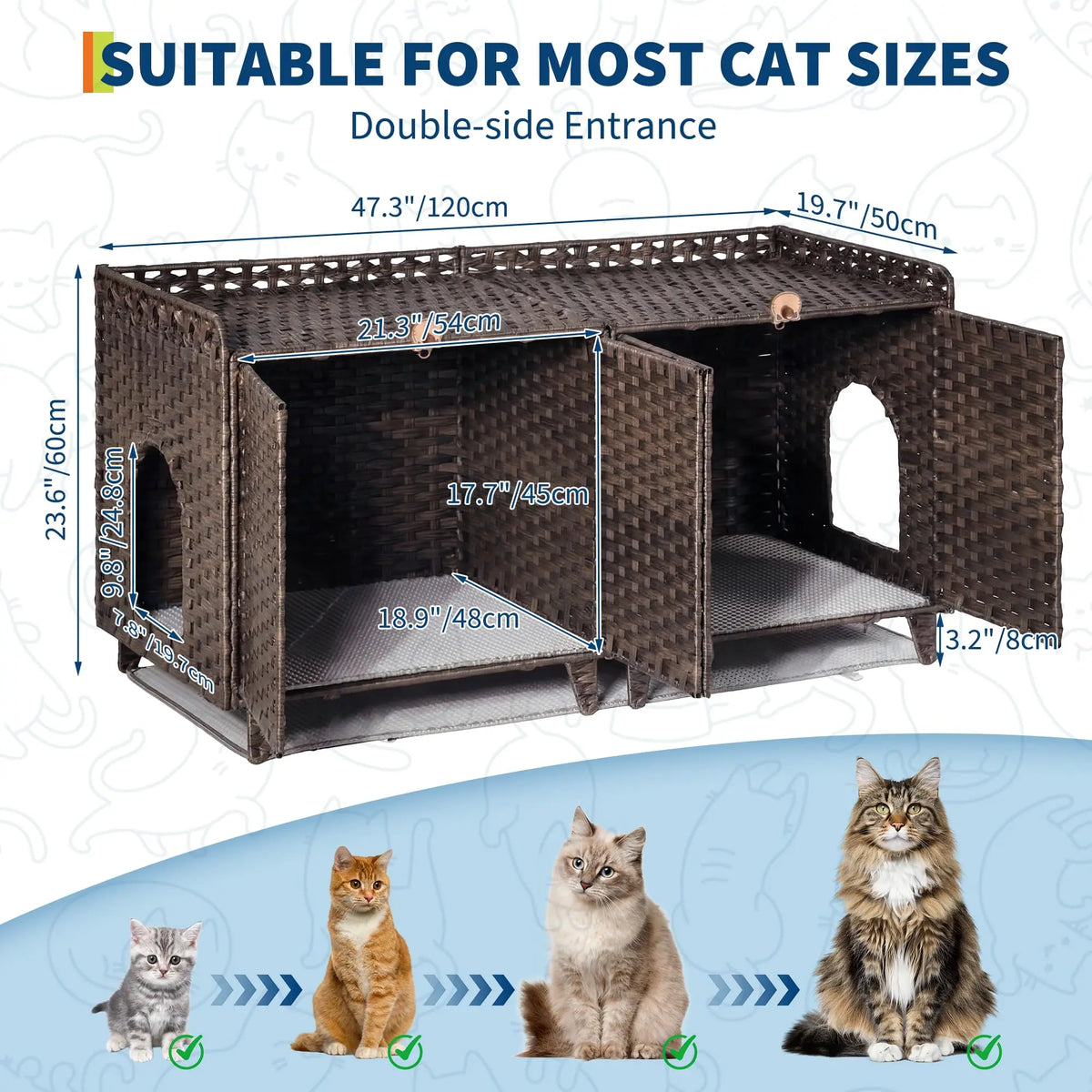 HiMISS Rattan Cat Litter Box Enclosure Cabinet With Double Doors