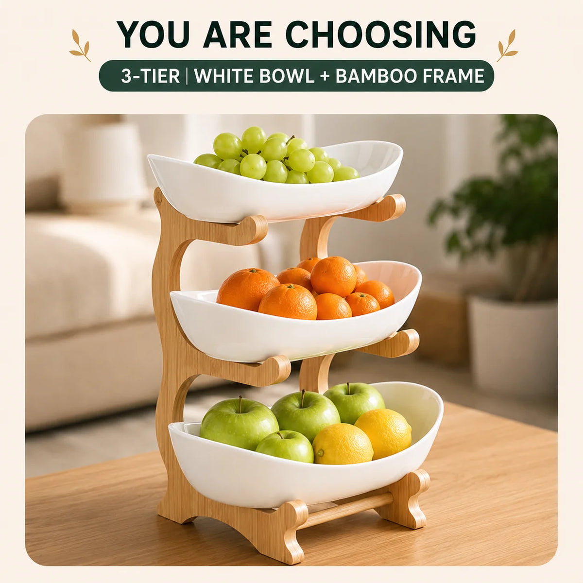 Multi Tier Plastic Fruit Display Bowl With Bamboo Stand