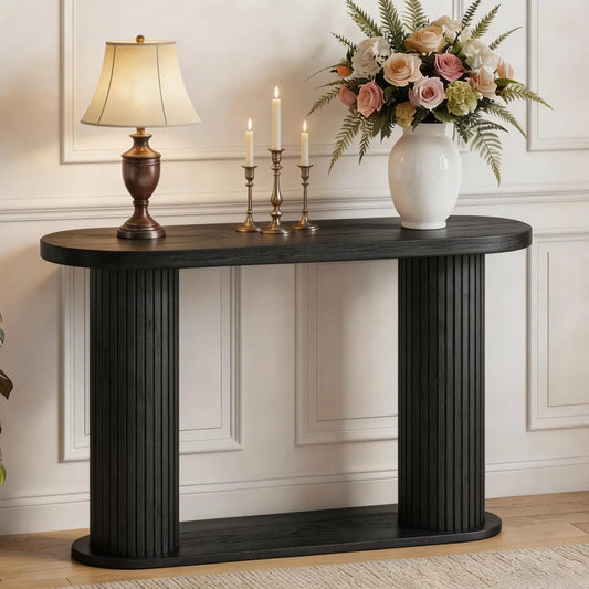 Outwind Fluted Wood Console Table With Lower Storage Shelf