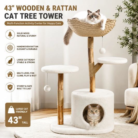 Wooden Rattan Cat Tree Indoor Multi Level Activity Center