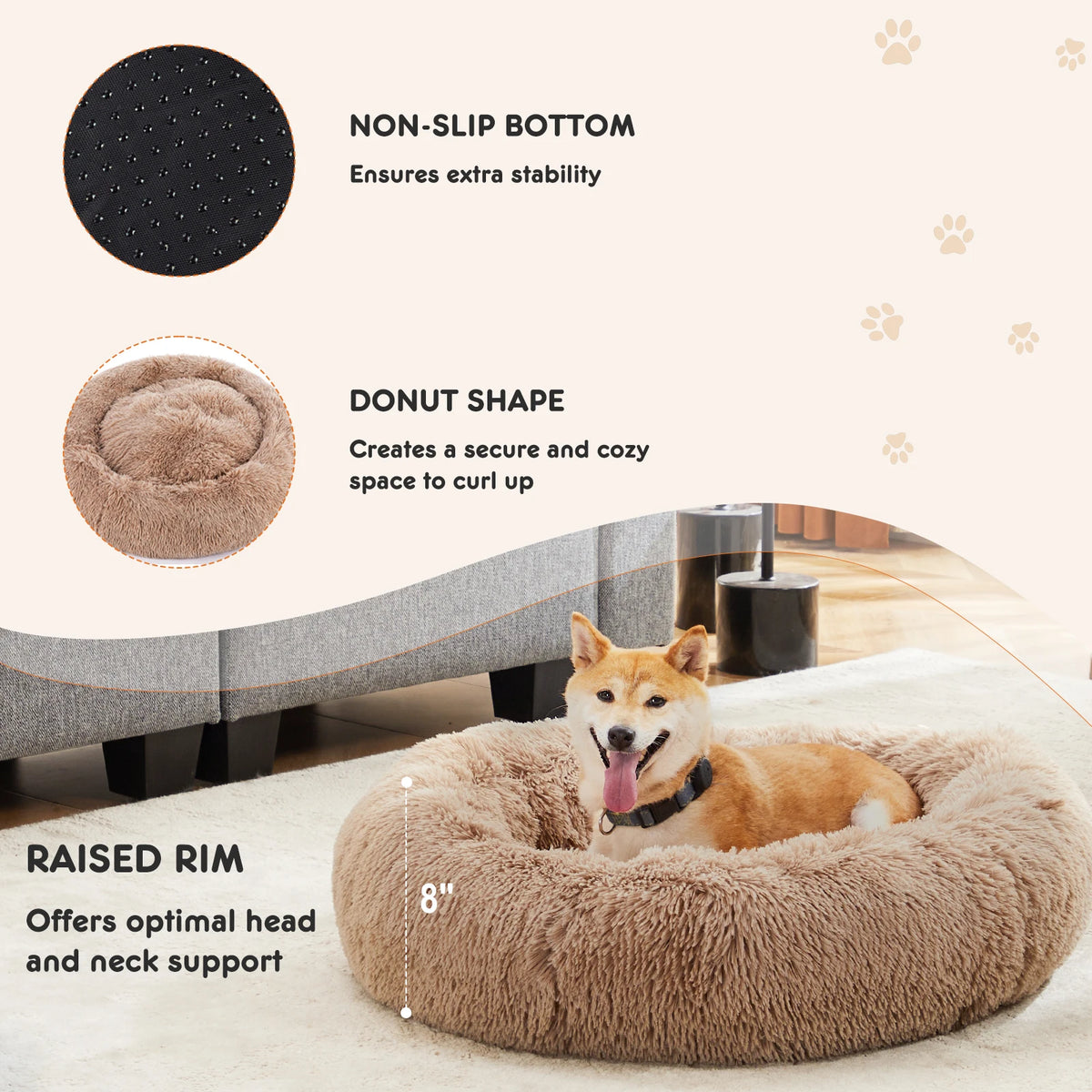JHK Calming Round Dog Bed Washable Anti Slip Coral Fleece